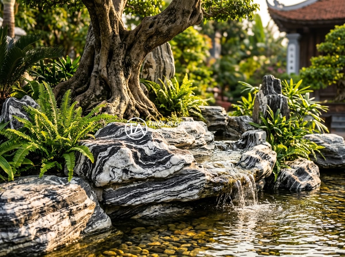 Ý tưởng trang trí gốc cây lộc vừng bằng đá tuyết sơn sang trọng - Hình 11 Ý tưởng trang trí gốc cây lộc vừng bằng đá tuyết sơn sang trọng - Well-maintained luxury lộc vừng tree base rockery with Snow Mountain stones (đá