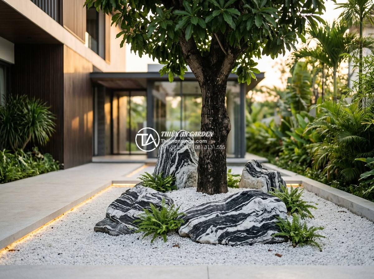 Ý tưởng trang trí gốc cây lộc vừng bằng đá tuyết sơn sang trọng - Hình 4 Ý tưởng trang trí gốc cây lộc vừng bằng đá tuyết sơn sang trọng - Modern minimalist garden design with Barringtonia acutangula tree base decorated