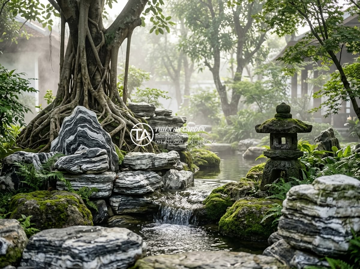 Ý tưởng trang trí gốc cây lộc vừng bằng đá tuyết sơn sang trọng - Hình 5 Ý tưởng trang trí gốc cây lộc vừng bằng đá tuyết sơn sang trọng - Traditional Japanese-inspired garden with lộc vừng tree roots framed by stacked