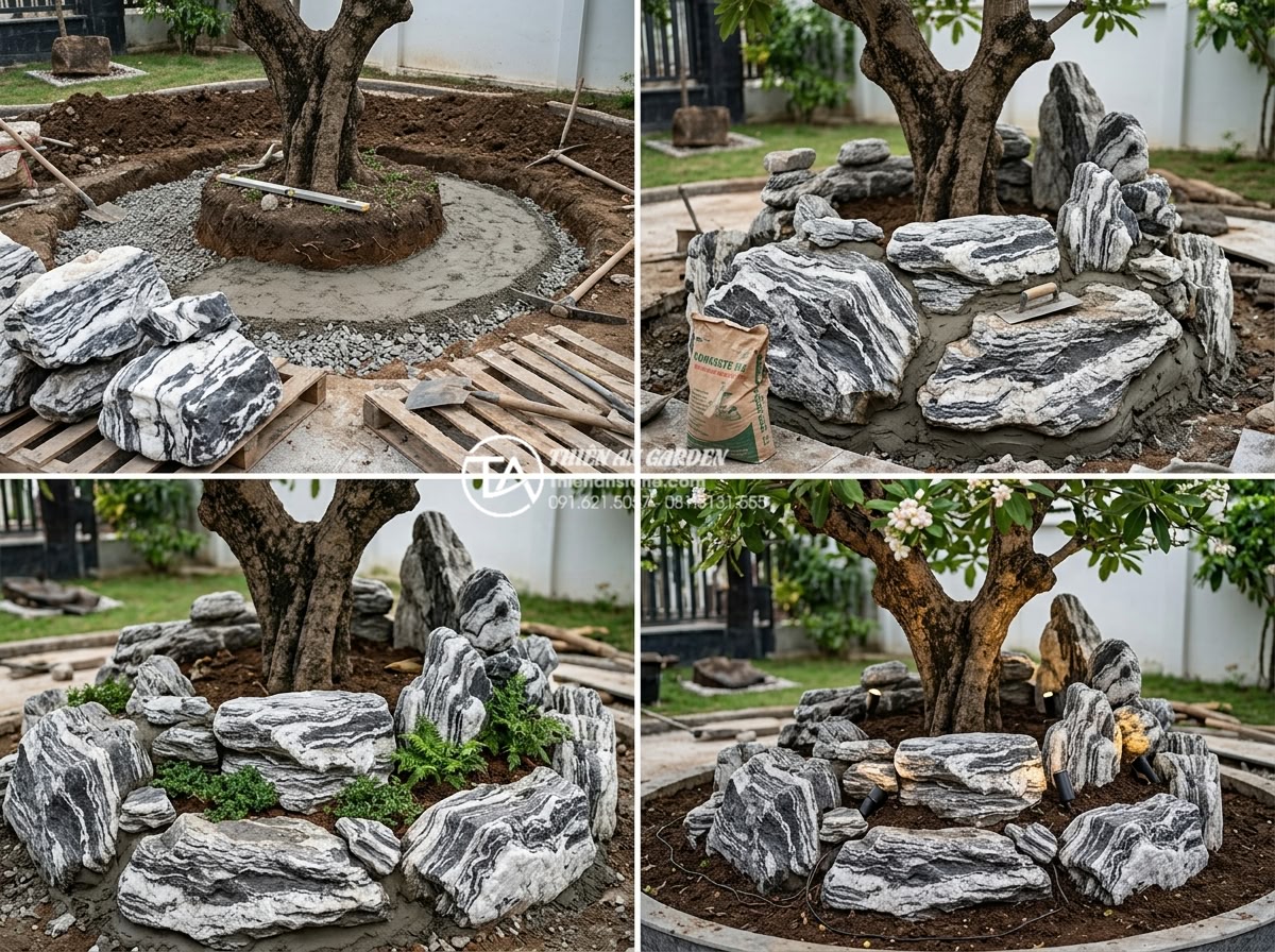 Ý tưởng trang trí gốc cây lộc vừng bằng đá tuyết sơn sang trọng - Hình 6 Ý tưởng trang trí gốc cây lộc vừng bằng đá tuyết sơn sang trọng - Step-by-step professional construction process of luxury garden rockery around l