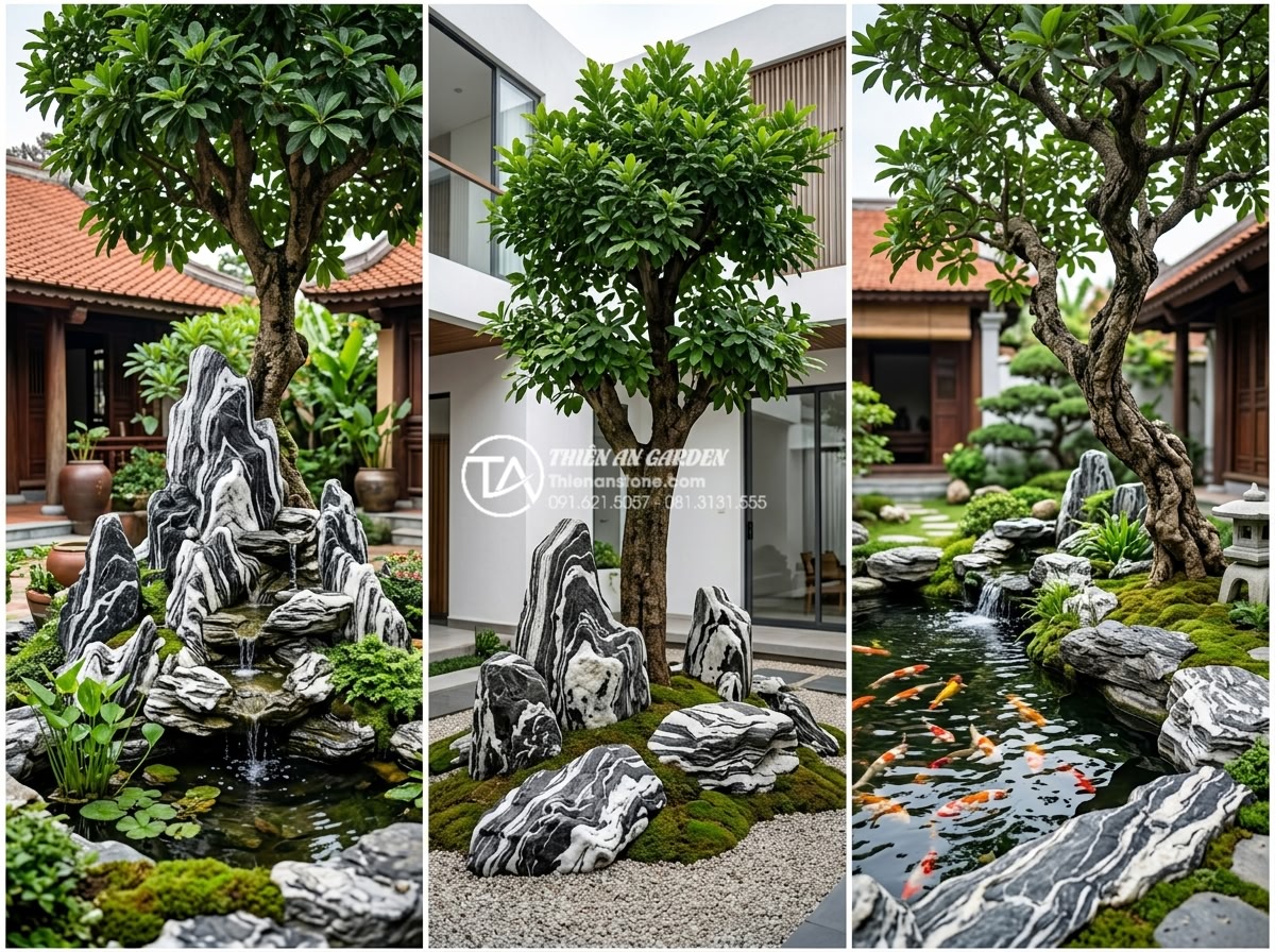 Ý tưởng trang trí gốc cây lộc vừng bằng đá tuyết sơn sang trọng - Hình 7 Ý tưởng trang trí gốc cây lộc vừng bằng đá tuyết sơn sang trọng - Collage of three stunning completed lộc vừng tree base rockery designs using pre