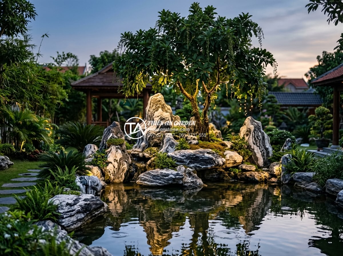 Ý tưởng trang trí gốc cây lộc vừng bằng đá tuyết sơn sang trọng - Hình 8 Ý tưởng trang trí gốc cây lộc vừng bằng đá tuyết sơn sang trọng - Serene evening view of elegant lộc vừng tree rockery with Snow Mountain stones (