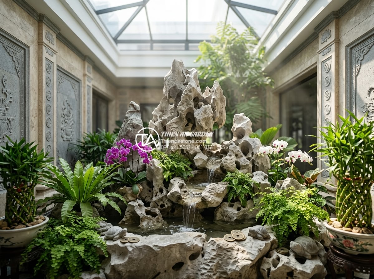 15+ Mẫu tiểu cảnh giếng trời trong nhà đẹp rước tài lộc và sinh khí - Photorealistic high-resolution image of a luxurious modern indoor atrium skyligh
