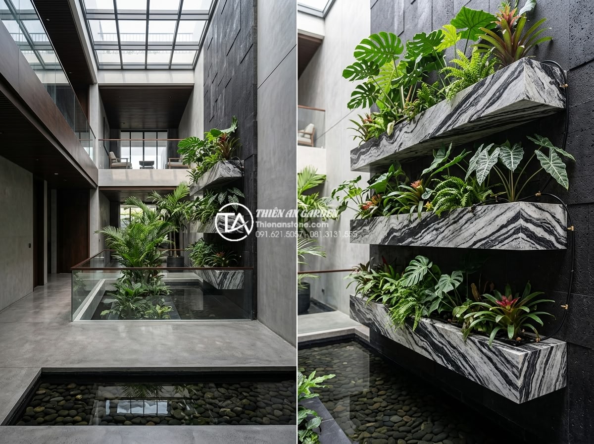 15+ Mẫu tiểu cảnh giếng trời trong nhà đẹp rước tài lộc và sinh khí - Sophisticated modern indoor atrium with floating stone shelves, integrated smart