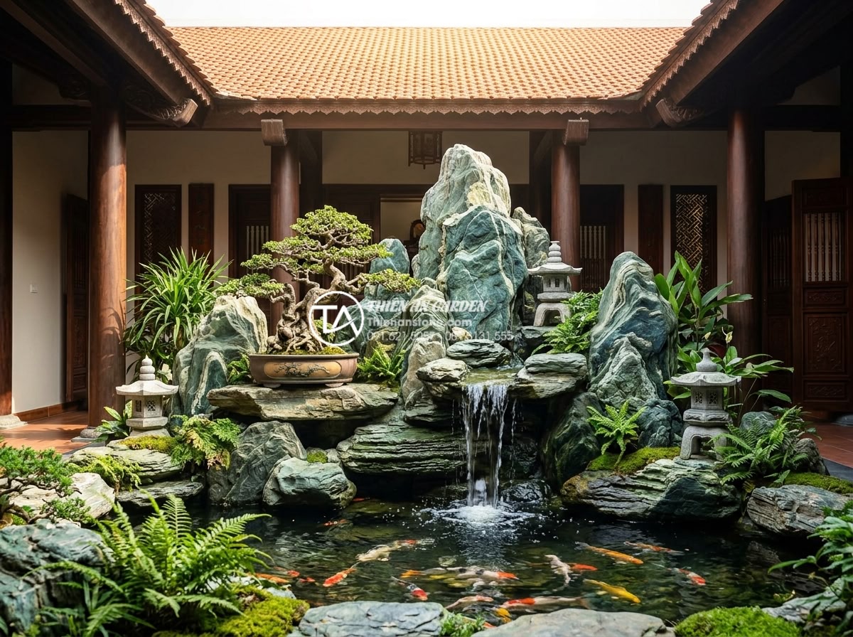 15+ Mẫu tiểu cảnh giếng trời trong nhà đẹp rước tài lộc và sinh khí - Traditional Vietnamese style indoor skylight garden with intricate hand-carved s