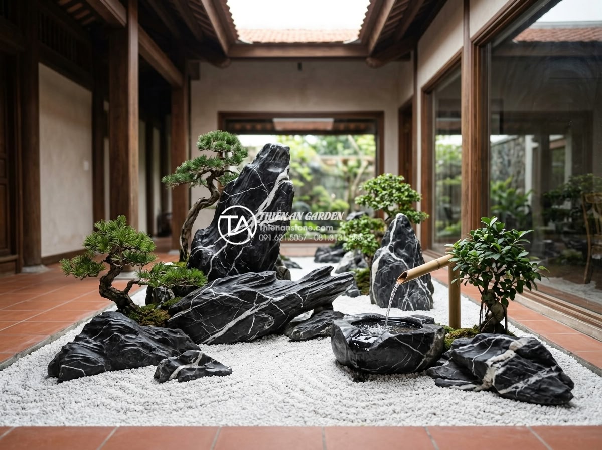 15+ Mẫu tiểu cảnh giếng trời trong nhà đẹp rước tài lộc và sinh khí - Zen inspired indoor garden featuring black basalt stones, white gravel, miniatur