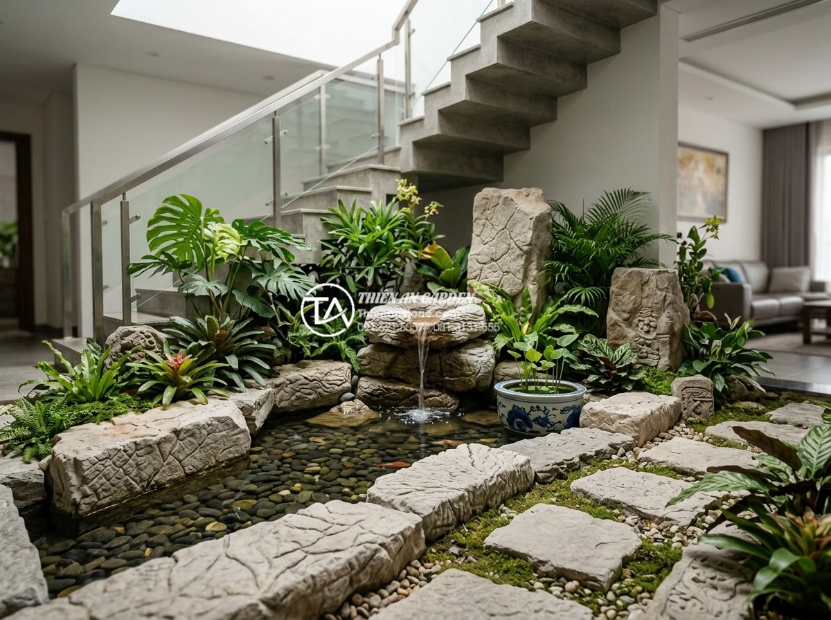 15+ Mẫu tiểu cảnh giếng trời trong nhà đẹp rước tài lộc và sinh khí - Detailed view of a beautifully designed under-stair atrium garden with hand-carv