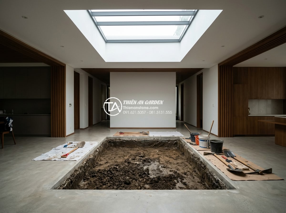15+ Mẫu tiểu cảnh giếng trời trong nhà đẹp rước tài lộc và sinh khí - Step-by-step professional construction process of an indoor skylight garden: exc