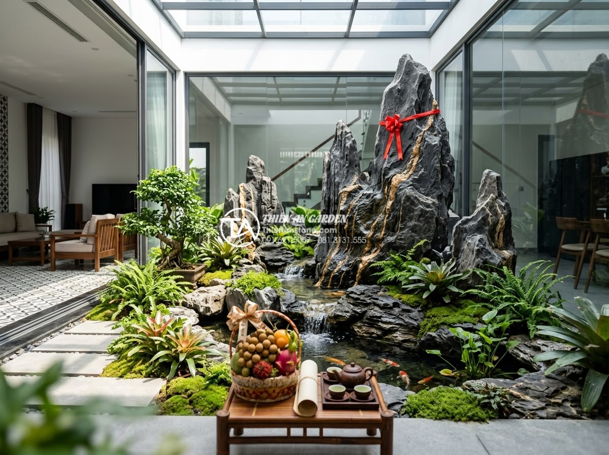 15+ Mẫu tiểu cảnh giếng trời trong nhà đẹp rước tài lộc và sinh khí - Finished professional installation of a complete indoor atrium landscape with na