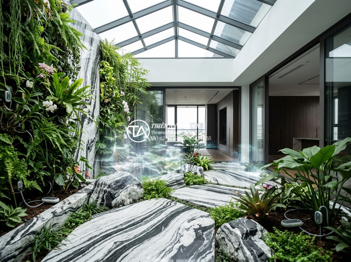 15+ Mẫu tiểu cảnh giếng trời trong nhà đẹp rước tài lộc và sinh khí - Futuristic 2026 indoor skylight garden concept with smart sensors, automated irr