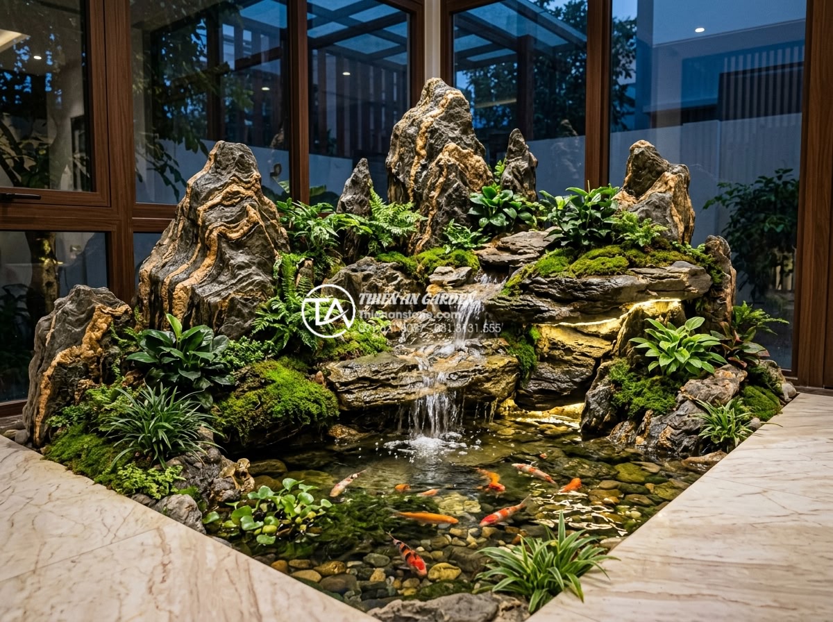 15+ Mẫu tiểu cảnh giếng trời trong nhà đẹp rước tài lộc và sinh khí - Detailed close-up view of an indoor skylight garden corner showing intricate nat