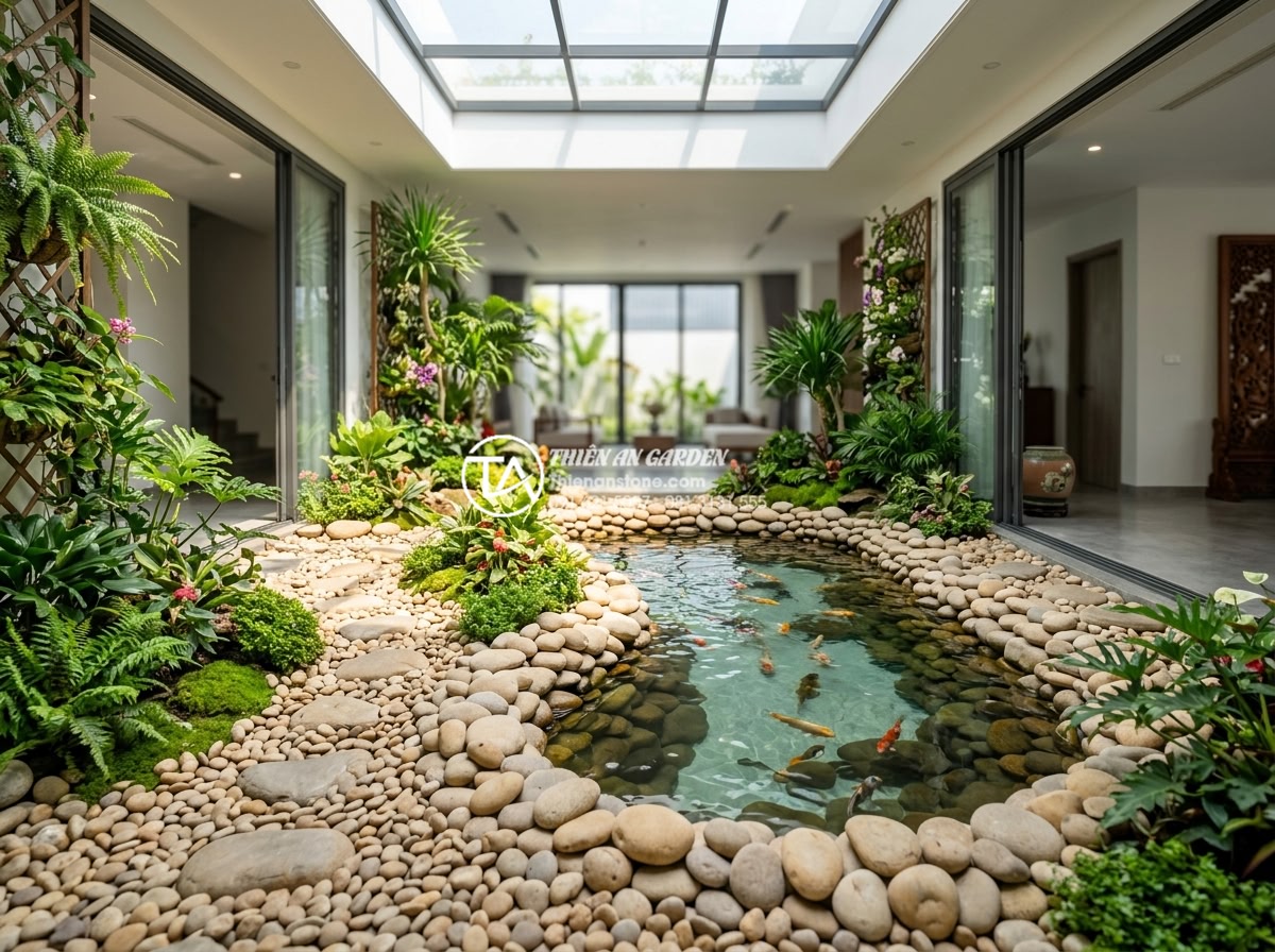 15+ Mẫu tiểu cảnh giếng trời trong nhà đẹp rước tài lộc và sinh khí - Elegant final result of a luxury indoor atrium garden designed and built by Đá C