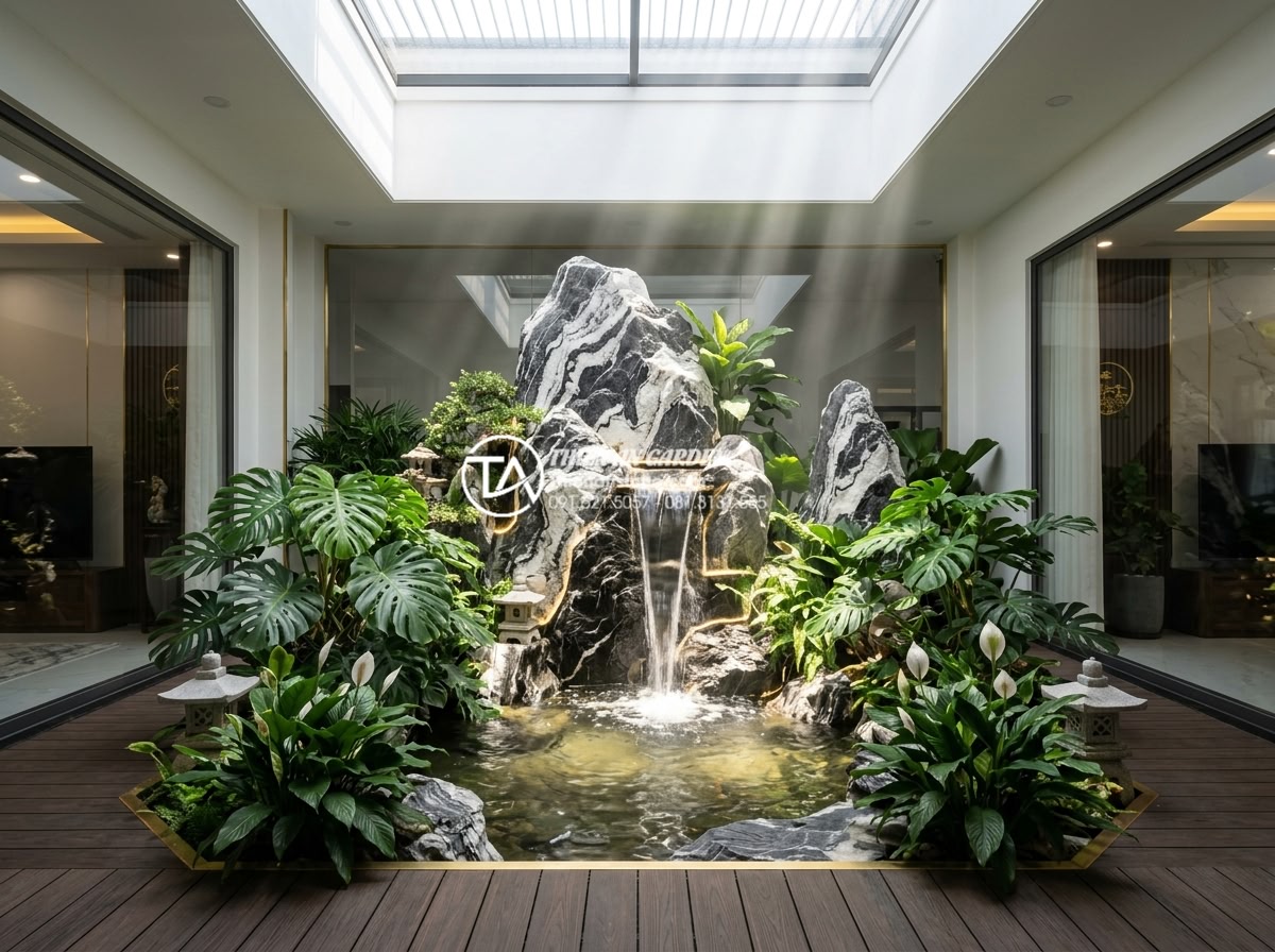 15+ Mẫu tiểu cảnh giếng trời trong nhà đẹp rước tài lộc và sinh khí - Wide angle professional photograph of a bright indoor skylight courtyard in a hi