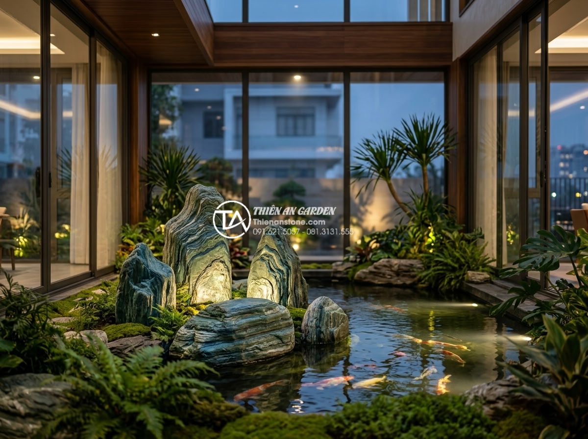 15+ Mẫu tiểu cảnh giếng trời trong nhà đẹp rước tài lộc và sinh khí - Elegant evening view of an indoor atrium garden featuring glowing natural stone 