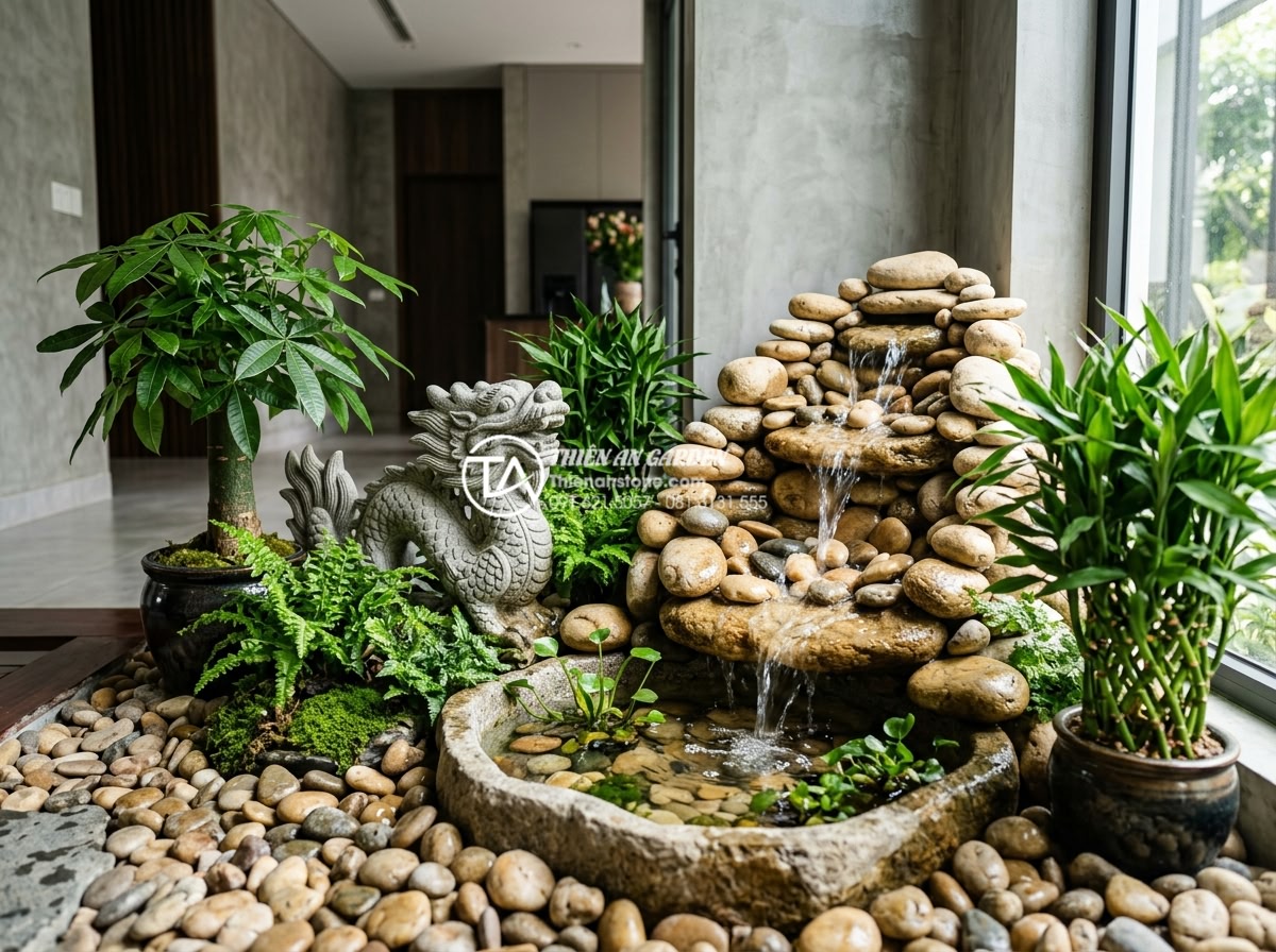 15+ Mẫu tiểu cảnh giếng trời trong nhà đẹp rước tài lộc và sinh khí - Close-up professional shot of a feng shui compliant indoor garden corner with na
