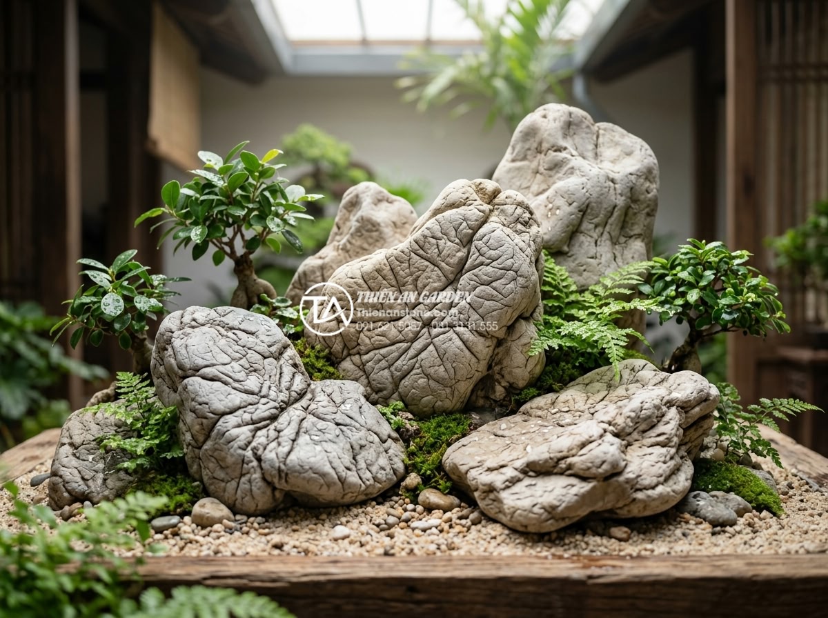 15+ Mẫu tiểu cảnh giếng trời trong nhà đẹp rước tài lộc và sinh khí - High quality product photography showcasing various natural stones for indoor ga