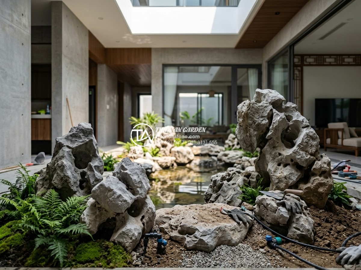 15+ Mẫu tiểu cảnh giếng trời trong nhà đẹp rước tài lộc và sinh khí - Realistic construction scene of natural stone being installed in an indoor atriu