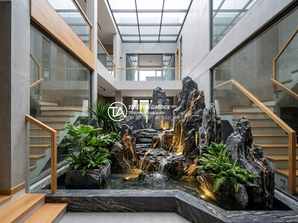 15+ Mẫu tiểu cảnh giếng trời trong nhà đẹp rước tài lộc và sinh khí - Modern minimalist indoor skylight garden design featuring clean lines, large pol