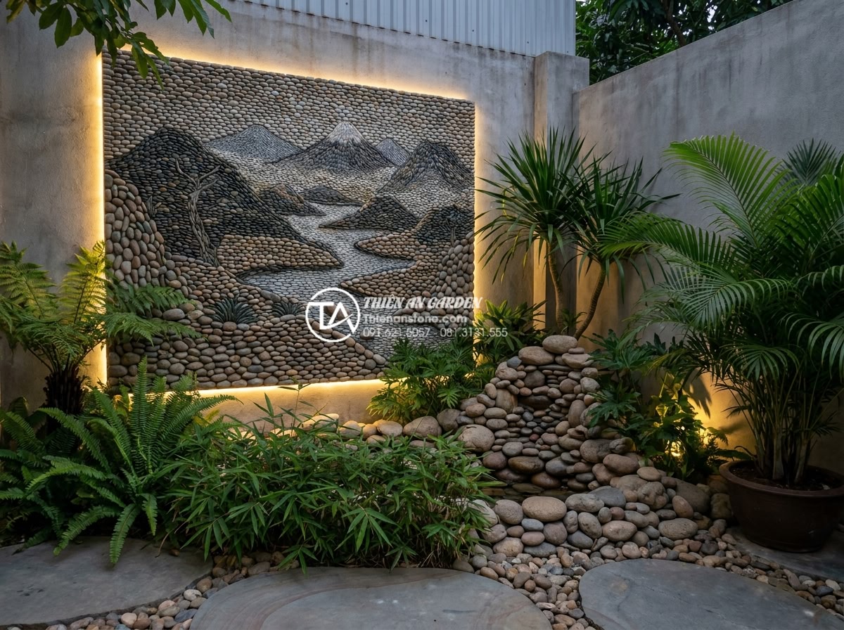 15 Ý tưởng tiểu cảnh góc sân vườn kết hợp tranh đá ốp tường - Modern garden corner with a large natural stone mural depicting serene mountain 