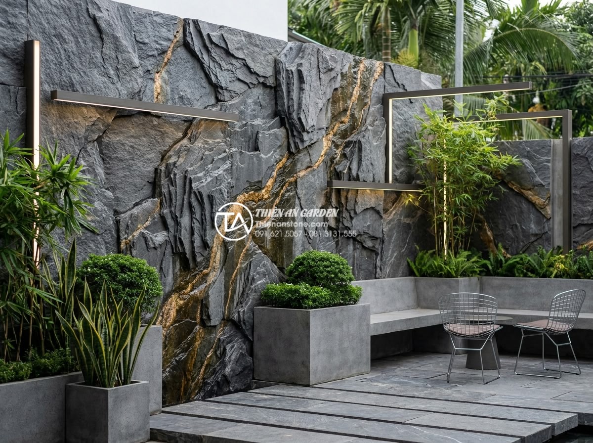 15 Ý tưởng tiểu cảnh góc sân vườn kết hợp tranh đá ốp tường - Modern European style garden corner with abstract stone mural wall, sleek lighti