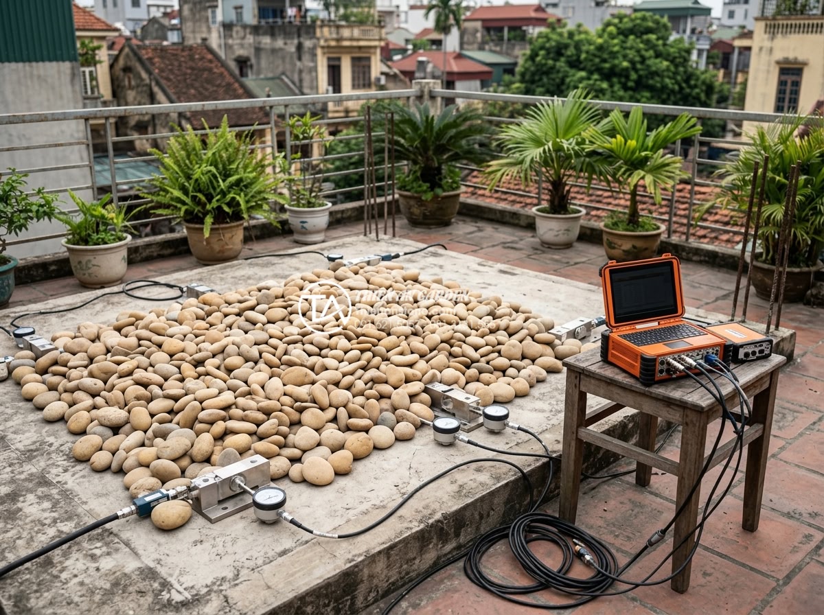5 Sai lầm phổ biến khi thi công tiểu cảnh trên sân thượng bạn cần tránh - Detailed view of a rooftop terrace structural assessment with engineers measurin