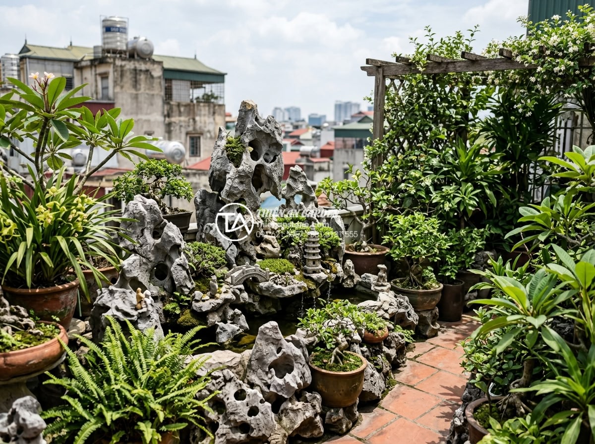 5 Sai lầm phổ biến khi thi công tiểu cảnh trên sân thượng bạn cần tránh - Long-term maintained rooftop terrace landscape with vibrant plants and pristine 