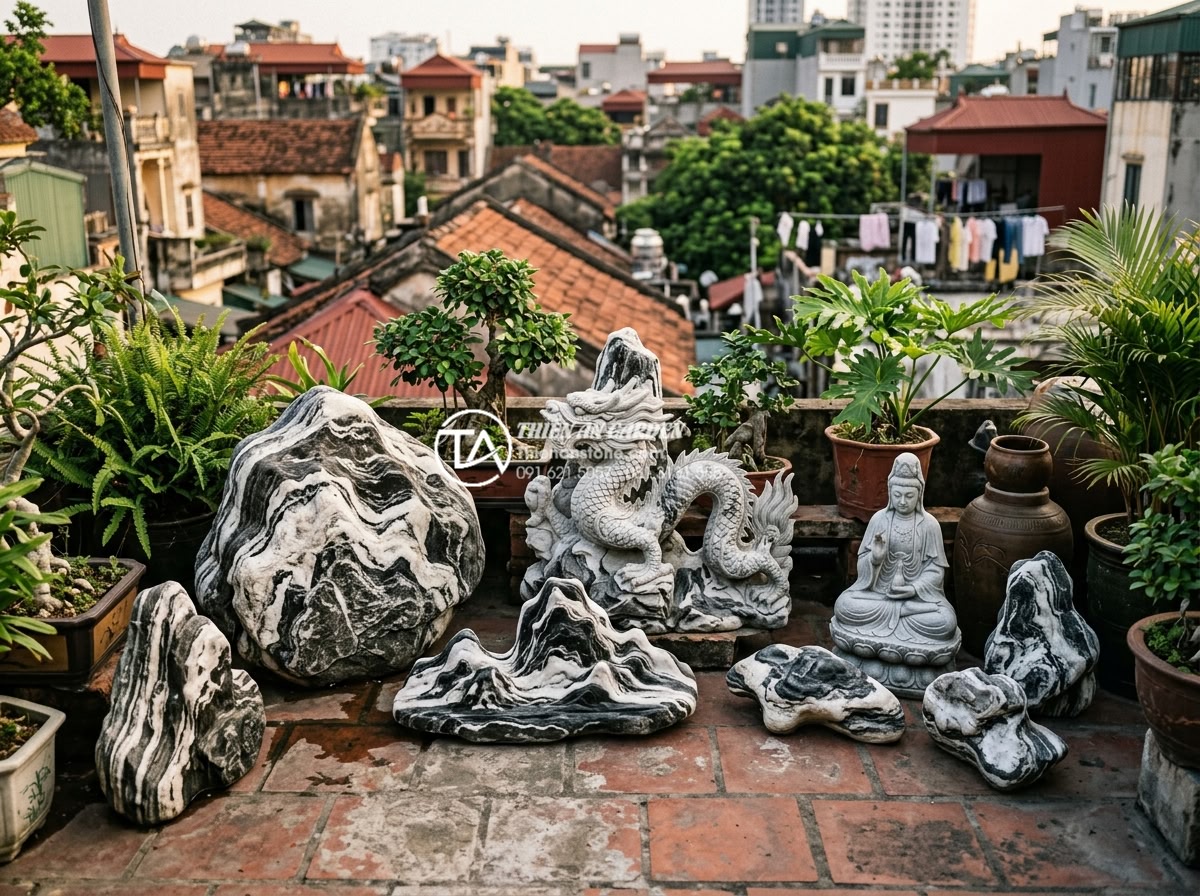 5 Sai lầm phổ biến khi thi công tiểu cảnh trên sân thượng bạn cần tránh - Collection of premium Vietnamese artistic stones and carvings ready for rooftop 