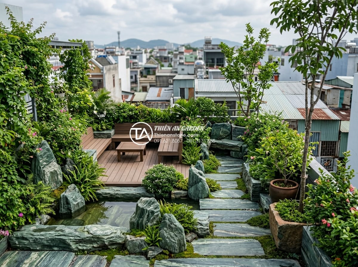 5 Sai lầm phổ biến khi thi công tiểu cảnh trên sân thượng bạn cần tránh - Beautifully designed sustainable rooftop garden using natural stones and integra