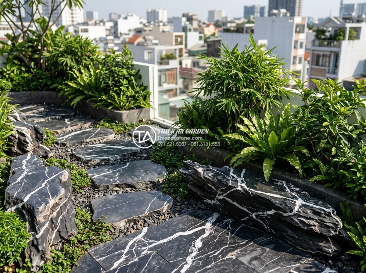 5 Sai lầm phổ biến khi thi công tiểu cảnh trên sân thượng bạn cần tránh - Modern sustainable rooftop design with natural stone pathways and eco-friendly p
