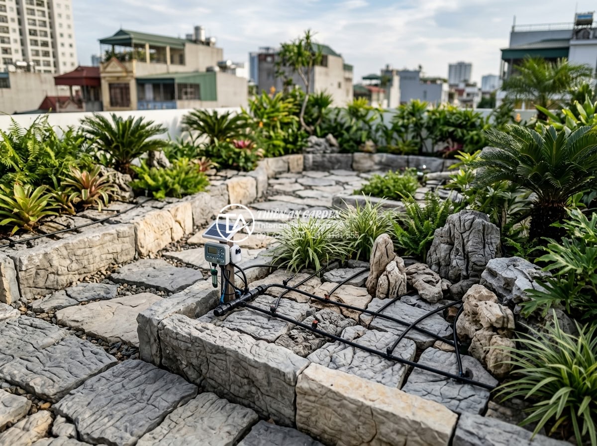5 Sai lầm phổ biến khi thi công tiểu cảnh trên sân thượng bạn cần tránh - High-tech irrigation setup demonstrating efficient water distribution in rooftop