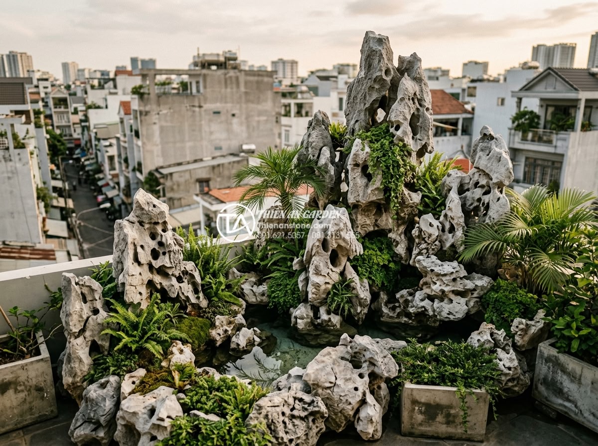 5 Sai lầm phổ biến khi thi công tiểu cảnh trên sân thượng bạn cần tránh - Real-life successful rooftop terrace case study featuring natural stone landscap