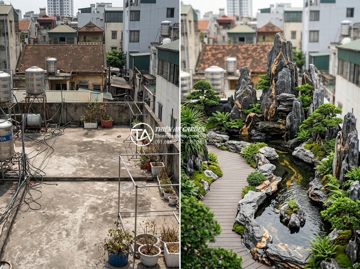 5 Sai lầm phổ biến khi thi công tiểu cảnh trên sân thượng bạn cần tránh - Before and after photos of transformed rooftop into luxurious natural stone gard