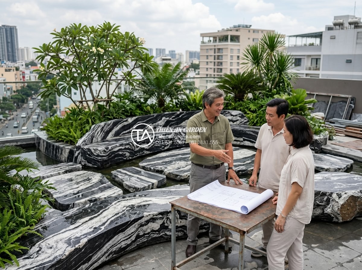 5 Sai lầm phổ biến khi thi công tiểu cảnh trên sân thượng bạn cần tránh - Expert landscape designer consulting on natural stone rooftop project with clien