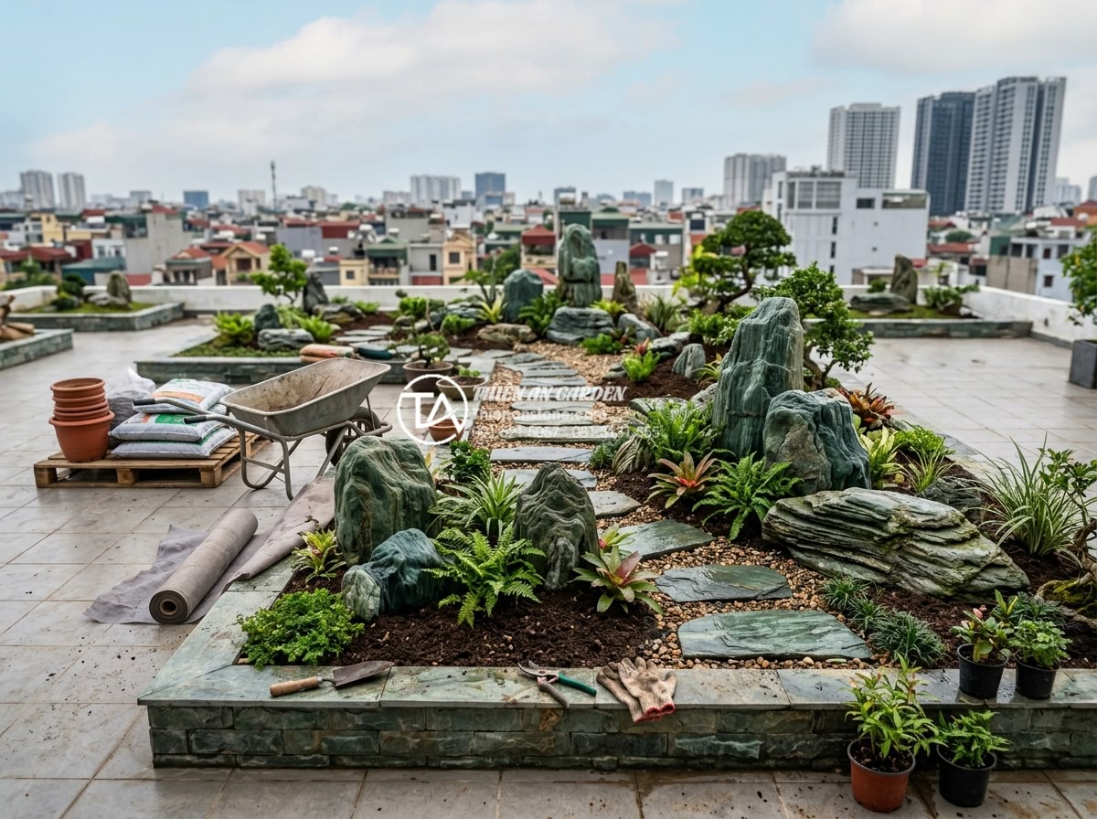 5 Sai lầm phổ biến khi thi công tiểu cảnh trên sân thượng bạn cần tránh - Professional team of stone craftsmen and gardeners working on rooftop installati