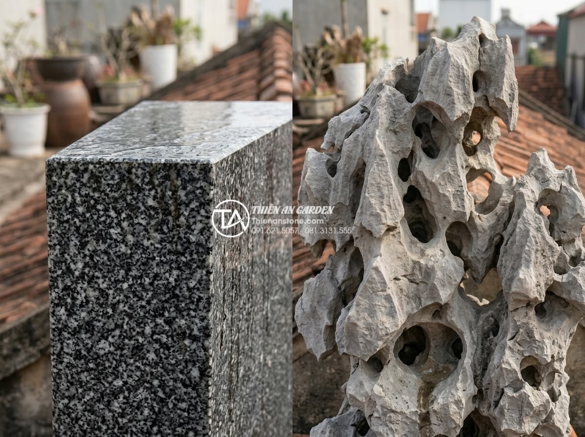 5 Sai lầm phổ biến khi thi công tiểu cảnh trên sân thượng bạn cần tránh - Close-up comparison of high-quality natural granite stones versus low-quality li