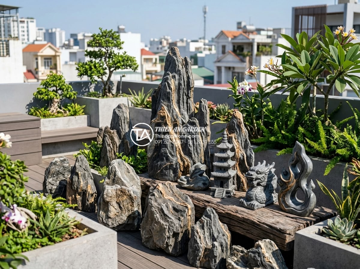 5 Sai lầm phổ biến khi thi công tiểu cảnh trên sân thượng bạn cần tránh - Variety of premium Vietnamese natural stones including carved sculptures arrange