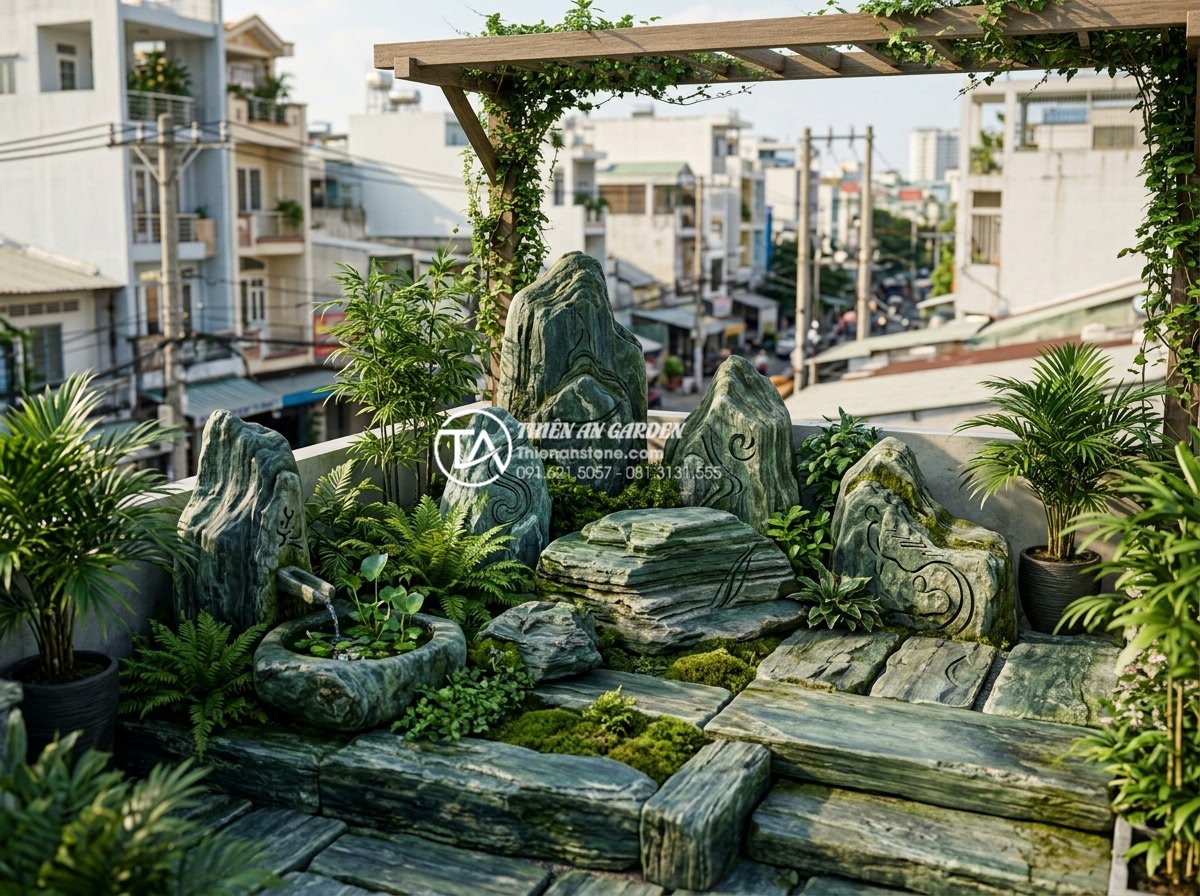 5 Sai lầm phổ biến khi thi công tiểu cảnh trên sân thượng bạn cần tránh - 3D rendered rooftop terrace with Feng Shui inspired natural stone carvings and m