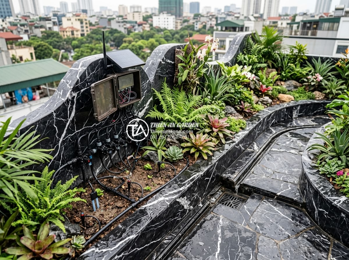 5 Sai lầm phổ biến khi thi công tiểu cảnh trên sân thượng bạn cần tránh - Advanced automatic irrigation system installed within natural stone rooftop gard