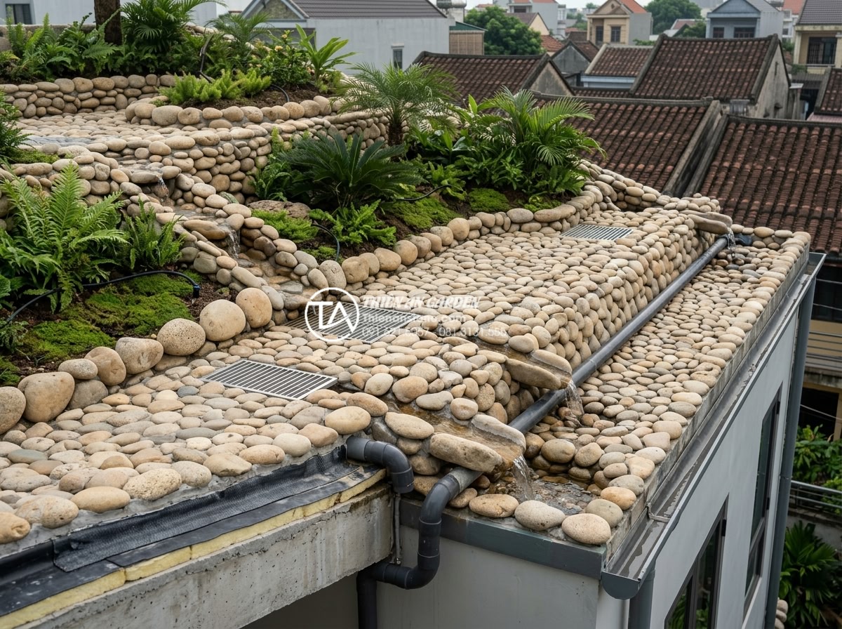 5 Sai lầm phổ biến khi thi công tiểu cảnh trên sân thượng bạn cần tránh - Detailed drainage and irrigation setup in a stone-carved rooftop landscape preve