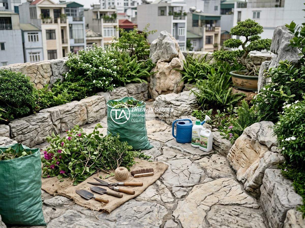 5 Sai lầm phổ biến khi thi công tiểu cảnh trên sân thượng bạn cần tránh - Maintenance worker cleaning and pruning a mature natural stone rooftop garden wi