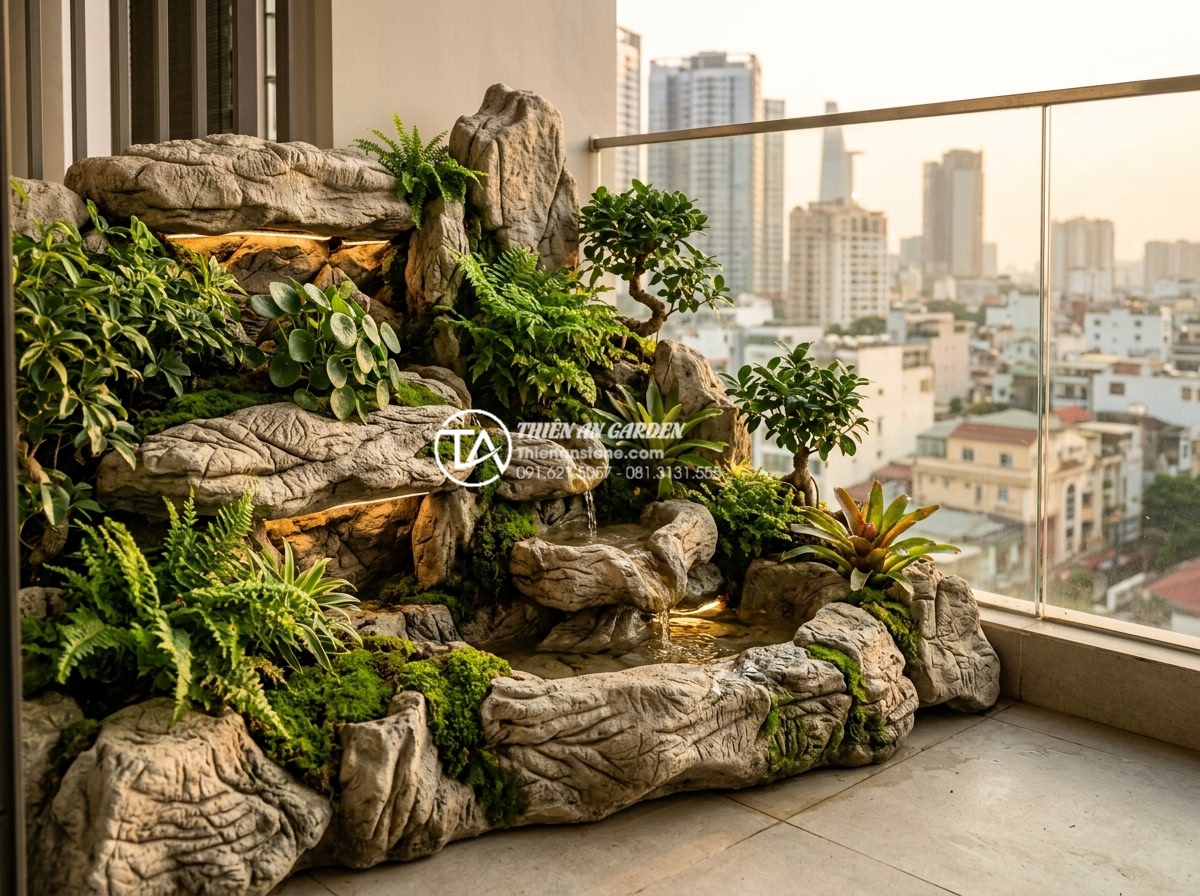 50+ Mẫu tiểu cảnh ban công đẹp dẫn đầu xu hướng thiết kế 2026 - Photorealistic high-resolution image of a modern 2026 balcony miniature landscap