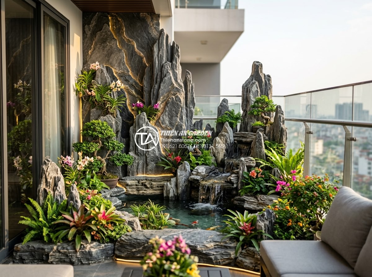 50+ Mẫu tiểu cảnh ban công đẹp dẫn đầu xu hướng thiết kế 2026 - Beautiful final result of a professionally designed and built natural stone balc