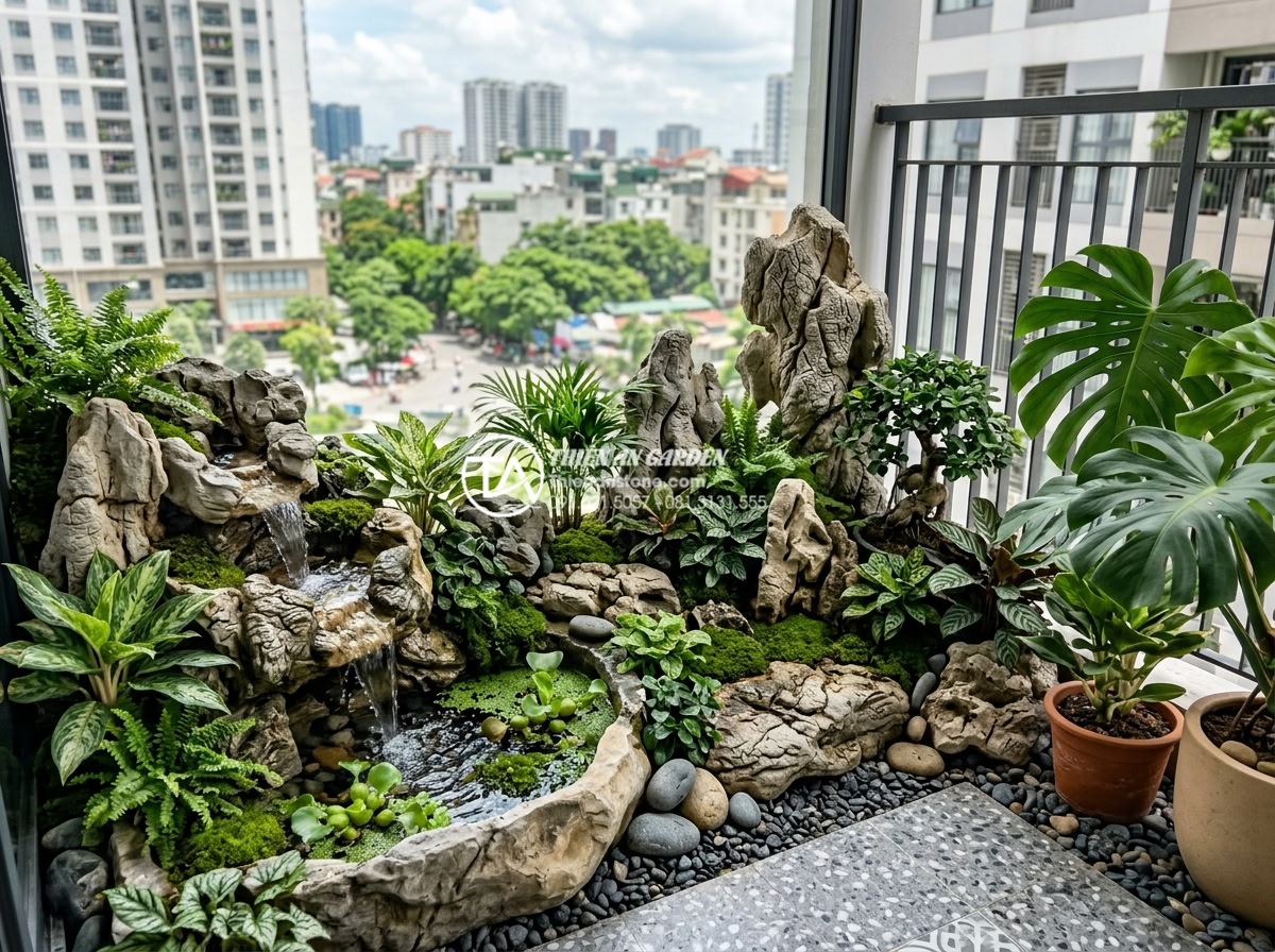 7 Sai lầm phổ biến khiến tiểu cảnh ban công nhanh hỏng và cách khắc phục - Detailed high-resolution photograph of a modern apartment balcony transformed in