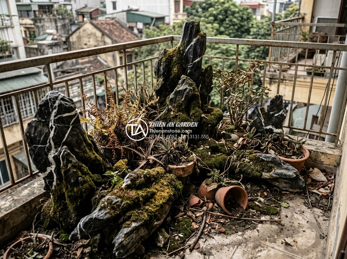 7 Sai lầm phổ biến khiến tiểu cảnh ban công nhanh hỏng và cách khắc phục - Neglected balcony mini garden with overgrown moss on natural stones, dead plants