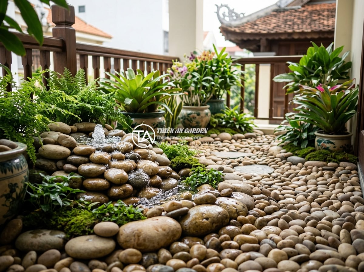 7 Sai lầm phổ biến khiến tiểu cảnh ban công nhanh hỏng và cách khắc phục - Well-maintained balcony stone landscape after regular care, featuring clean poli