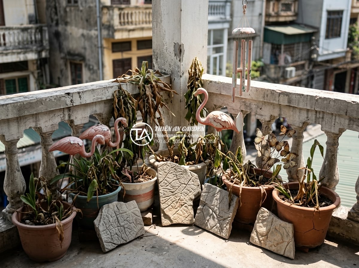7 Sai lầm phổ biến khiến tiểu cảnh ban công nhanh hỏng và cách khắc phục - Inappropriate plant and accessory placement on balcony with sun-sensitive plants