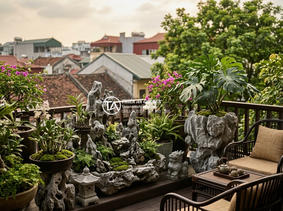 7 Sai lầm phổ biến khiến tiểu cảnh ban công nhanh hỏng và cách khắc phục - Perfectly arranged balcony scene with climate-appropriate plants, high-end carve