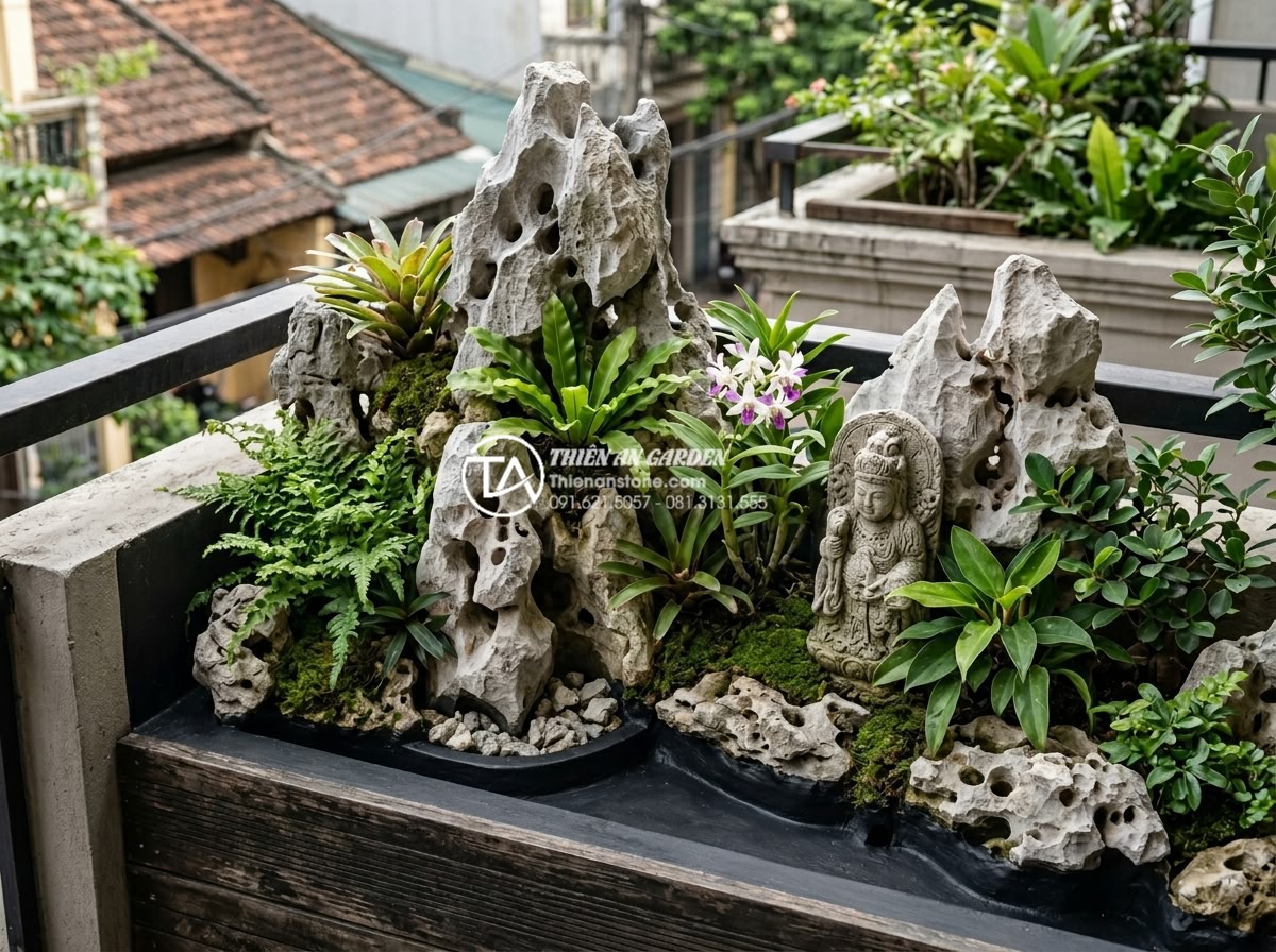 7 Sai lầm phổ biến khiến tiểu cảnh ban công nhanh hỏng và cách khắc phục - Close-up view of high-quality natural stone elements in a balcony garden includi