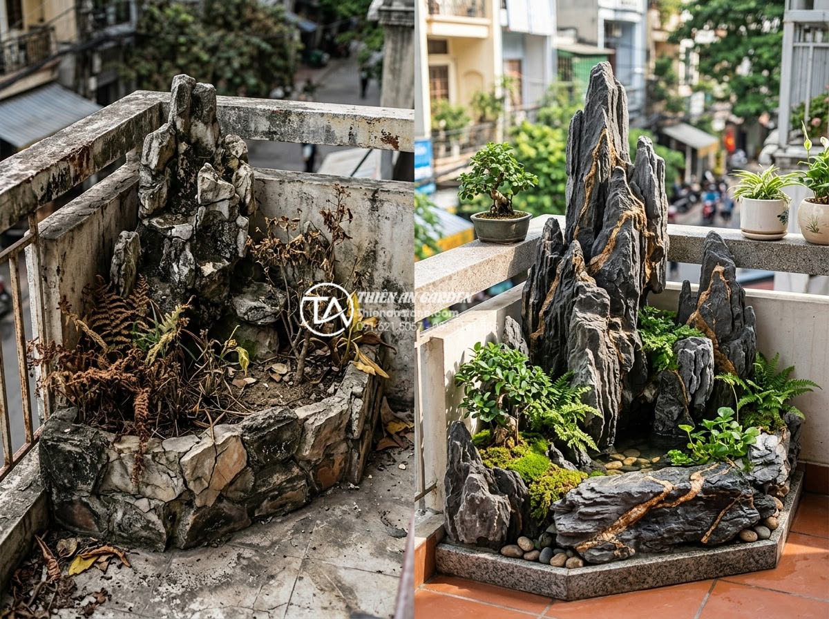 7 Sai lầm phổ biến khiến tiểu cảnh ban công nhanh hỏng và cách khắc phục - Before and after comparison photo showing a damaged balcony mini scene with crac