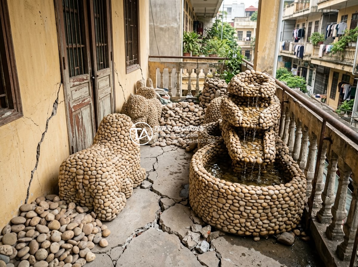 7 Sai lầm phổ biến khiến tiểu cảnh ban công nhanh hỏng và cách khắc phục - Illustration of overloaded balcony with excessive heavy carved stone piles, larg